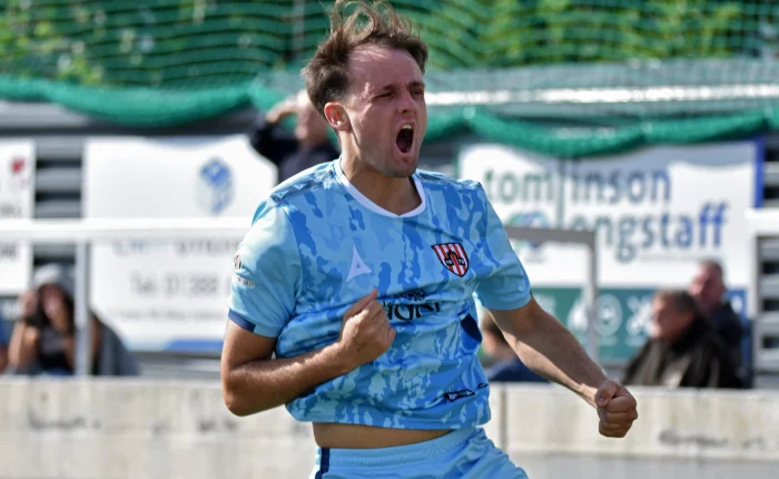 Elliott Beddow celebrates scoring against West Auckland Town.