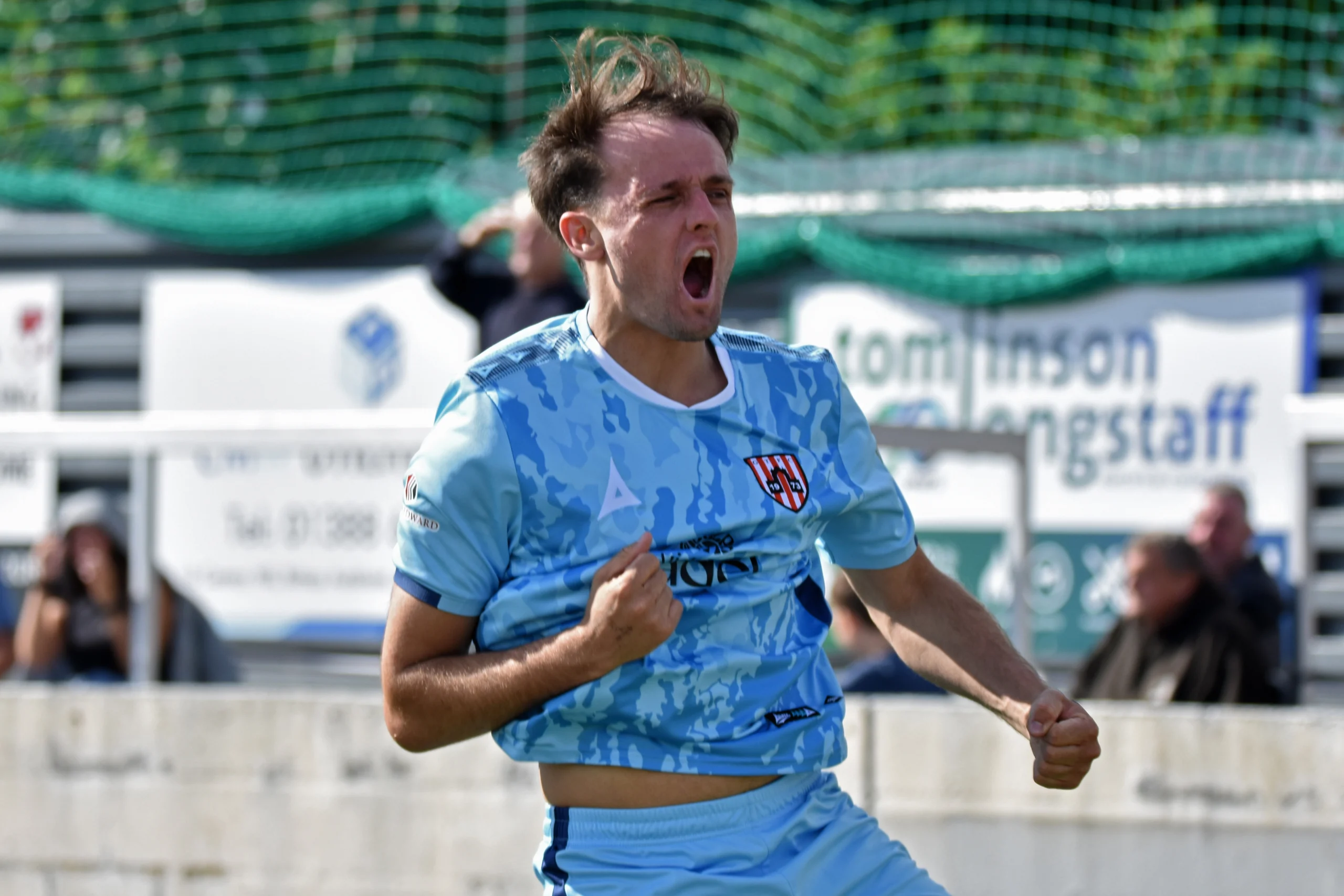 Elliott Beddow celebrates scoring against West Auckland Town.