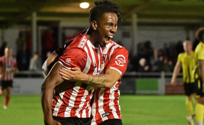 Sheer delight on the face of Guisborough’s new signing Toluwani Osiyemi after scoring his side’s winning goal against Whitley Bay.