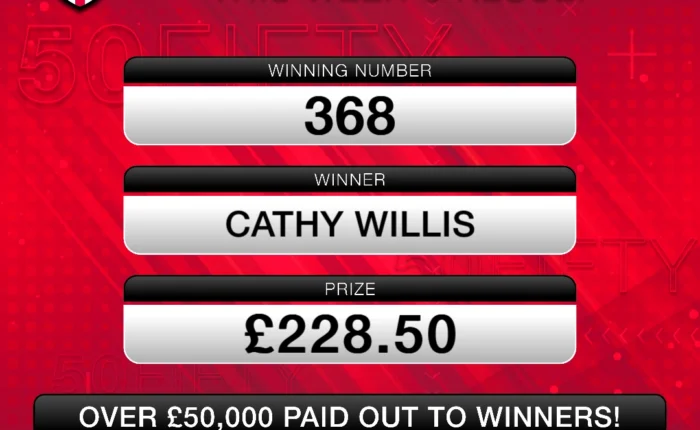 50Fifty Winner: 02/03/2026 Winning Number: 368 Winner: Cathy Willis Prize: £228.50