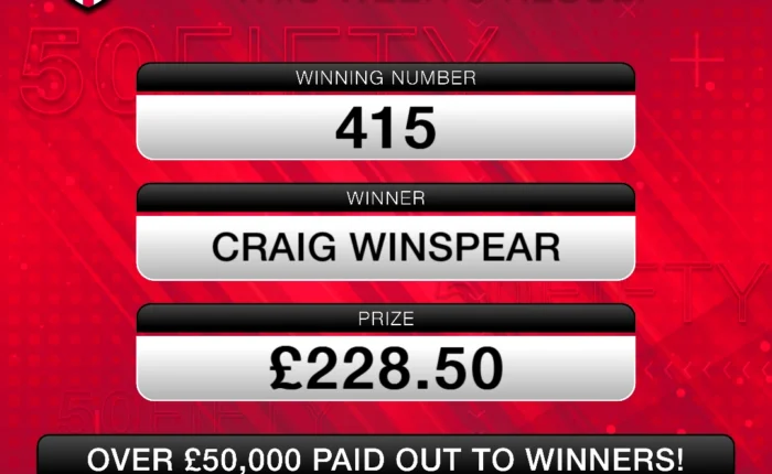 50Fifty Winner: 16/03/2026 Winning Number: 415 Winner: Craig Winspear Prize: £228.50