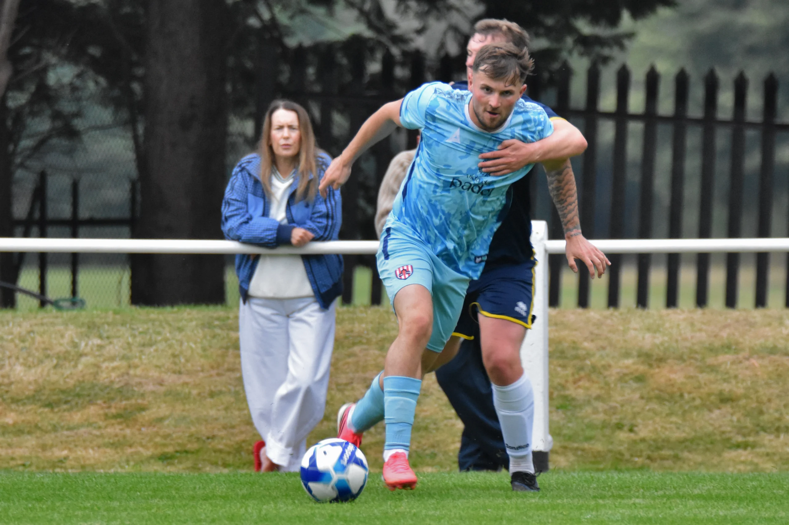 260714_JBM_0136 Sam Collins beat his man in is hauled down for a Guisborough free kick.